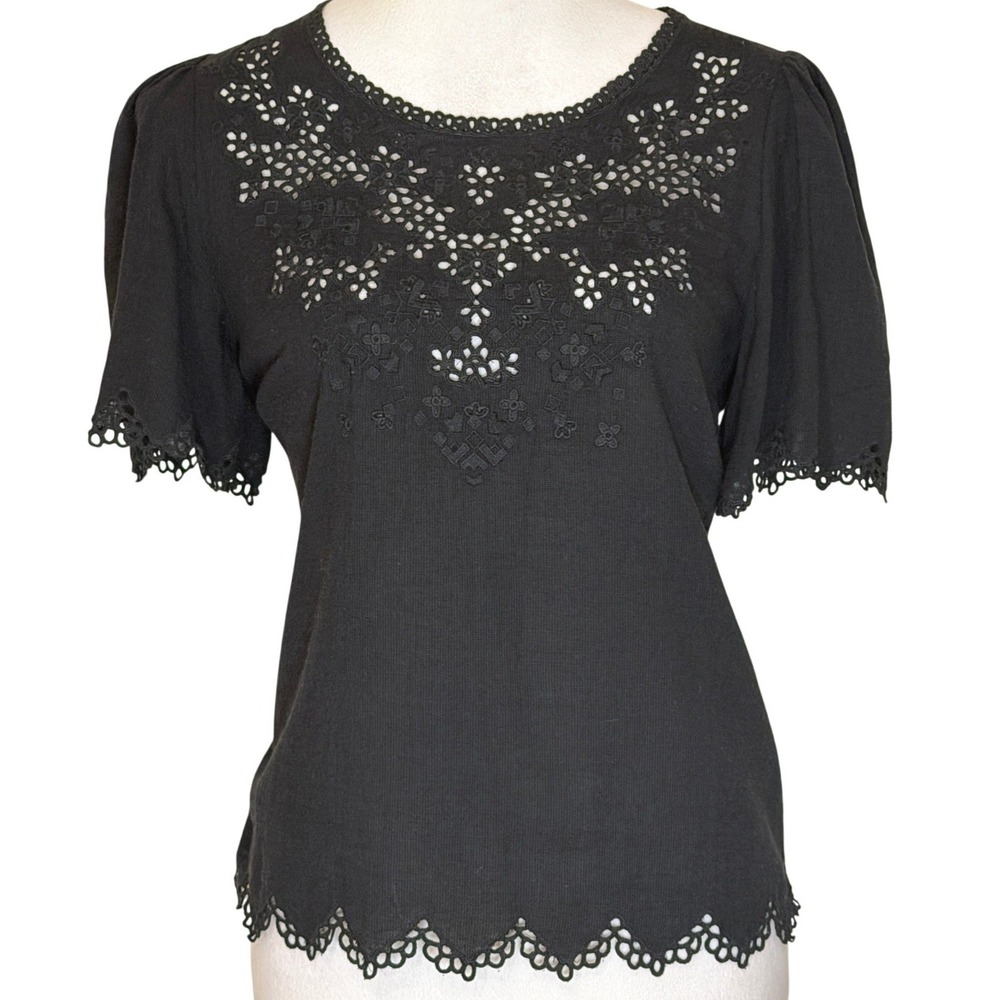 Rebecca Taylor Eyelet Lace Short Puff Sleeve Cotton Top Blouse Boho Size 2 - Picture 11 of 11
